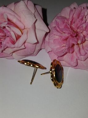 Gold and Pink Floral Stud Earrings - Women Jewelry